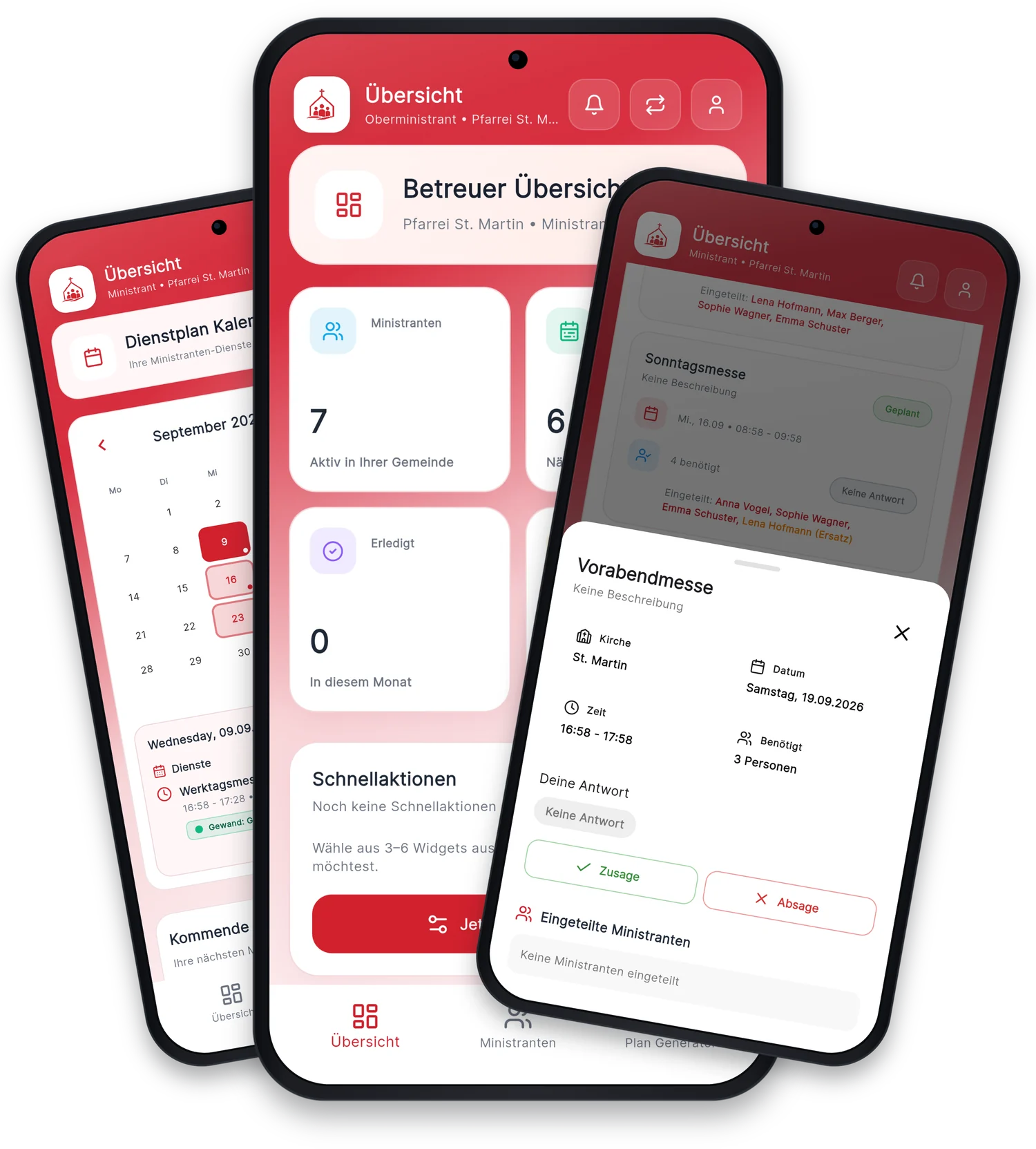 Pfarreimanager-App auf drei Smartphones – Kalender, Betreuer-Übersicht und Termin-Detail
