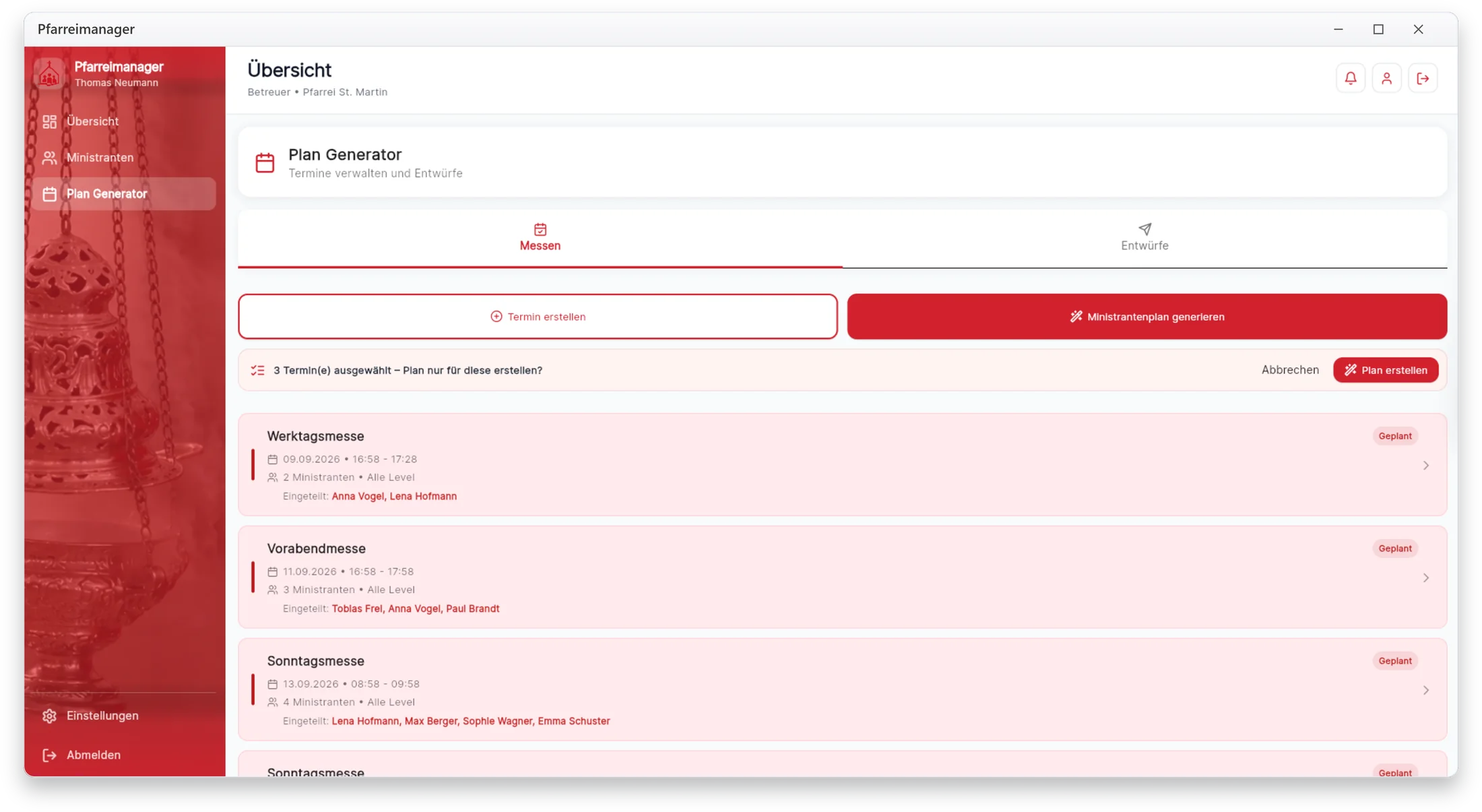Plan-Generator von Pfarreimanager am Desktop – Termine auswählen und Ministrantenplan generieren