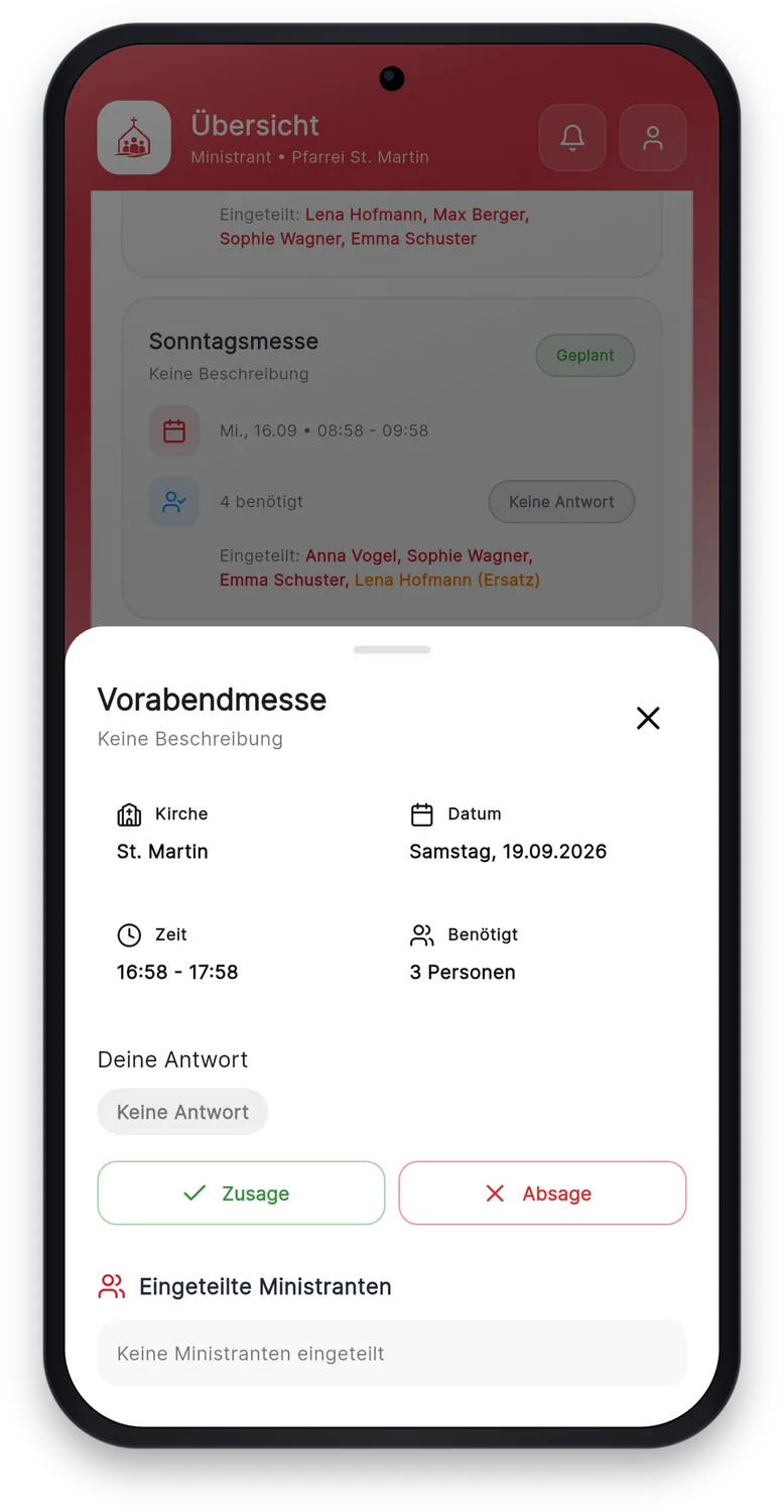 Termin-Detail in der Pfarreimanager-App mit Zusage- und Absage-Button
