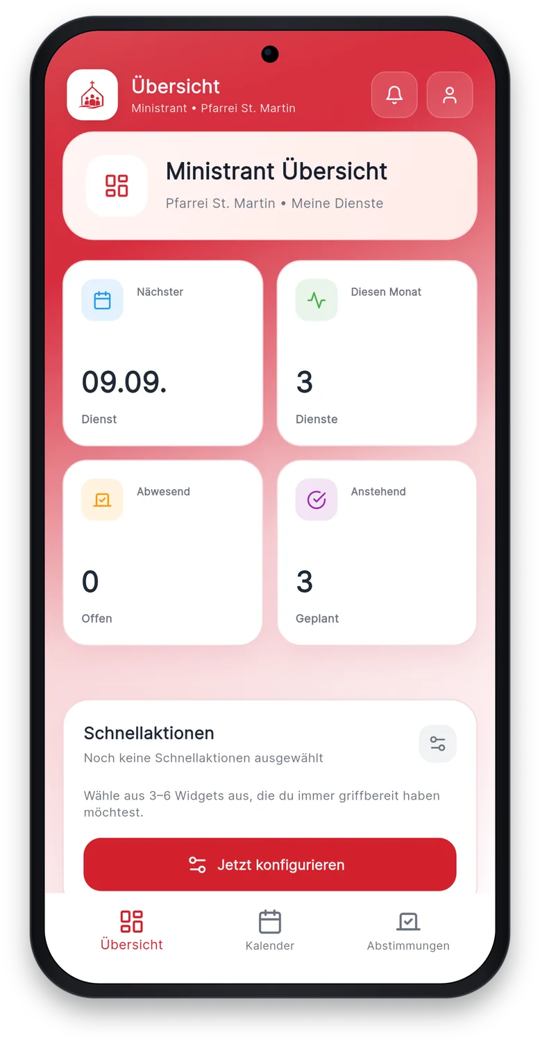 Pfarreimanager App – Übersicht für Ministranten mit nächsten Diensten