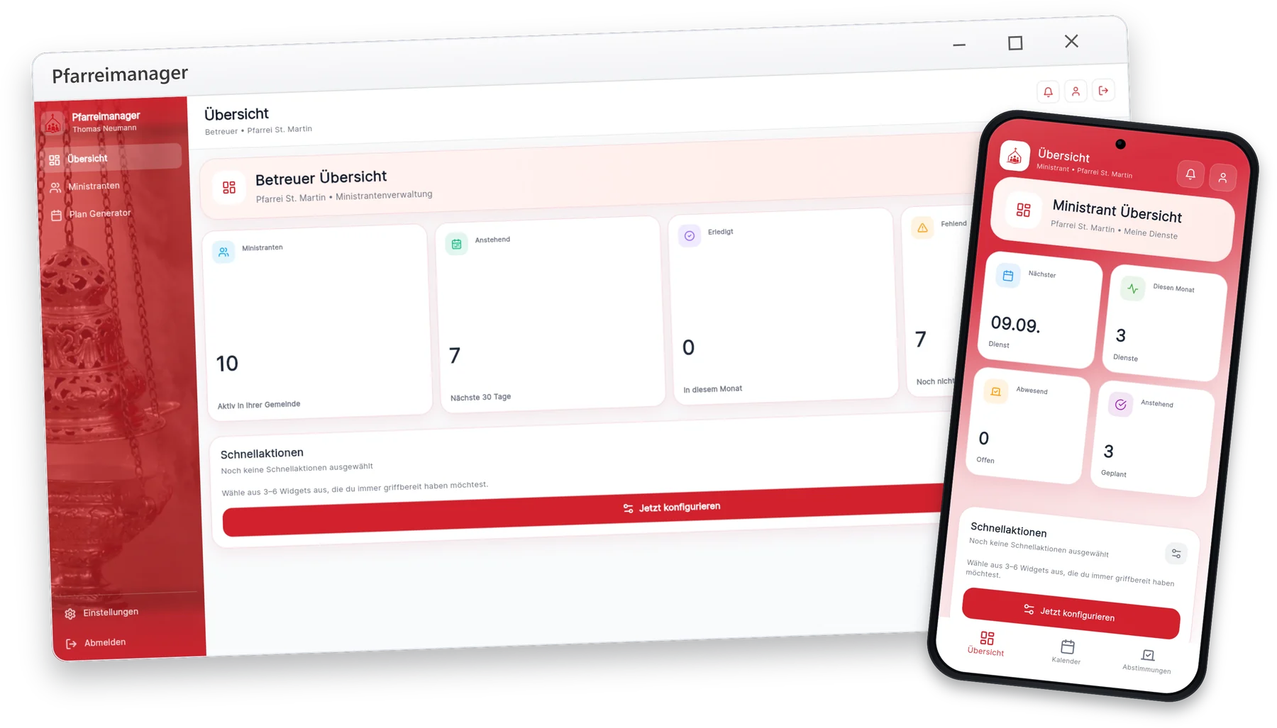 Pfarreimanager am großen Bildschirm im Browser und als Android-App nebeneinander